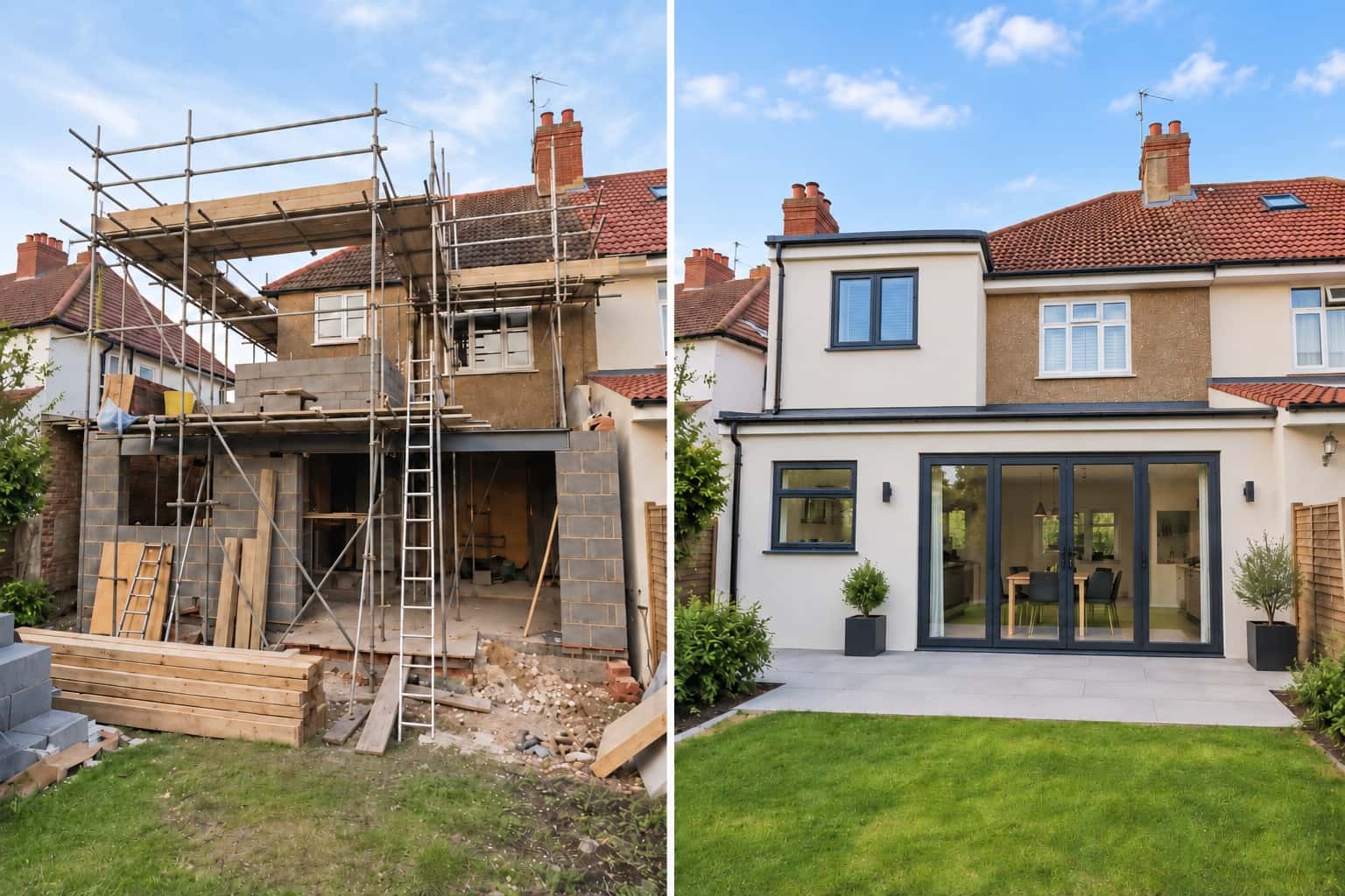 a before and after of a Torquay kitchen and bathroom extension